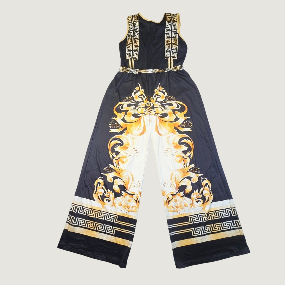 Women's Sleeveless Baroque Print Wide Leg Jumpsuit Size XL Black Gold White